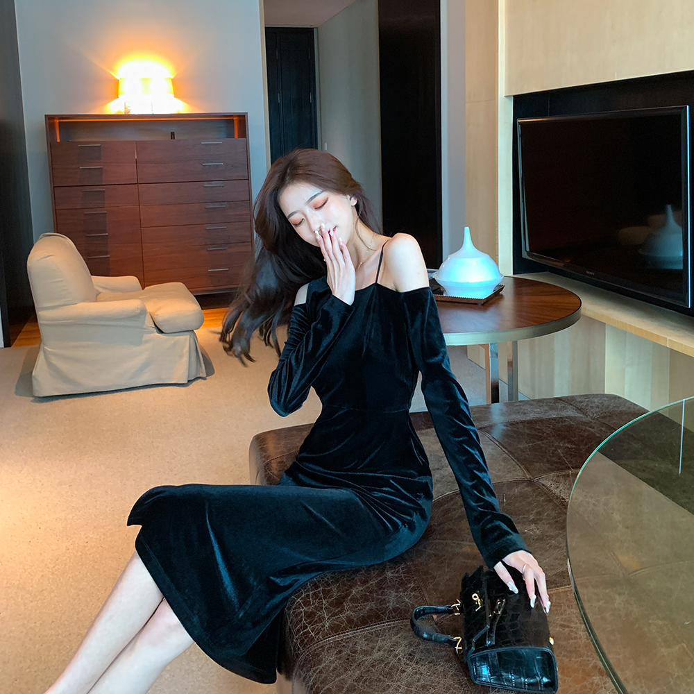 Long sleeve pure velvet split temperament package hip dress