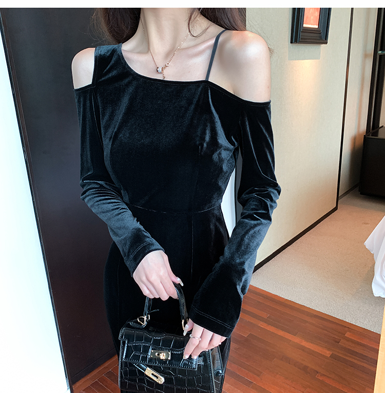 Long sleeve pure velvet split temperament package hip dress