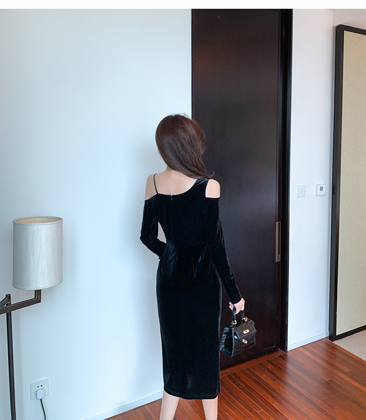 Long sleeve pure velvet split temperament package hip dress