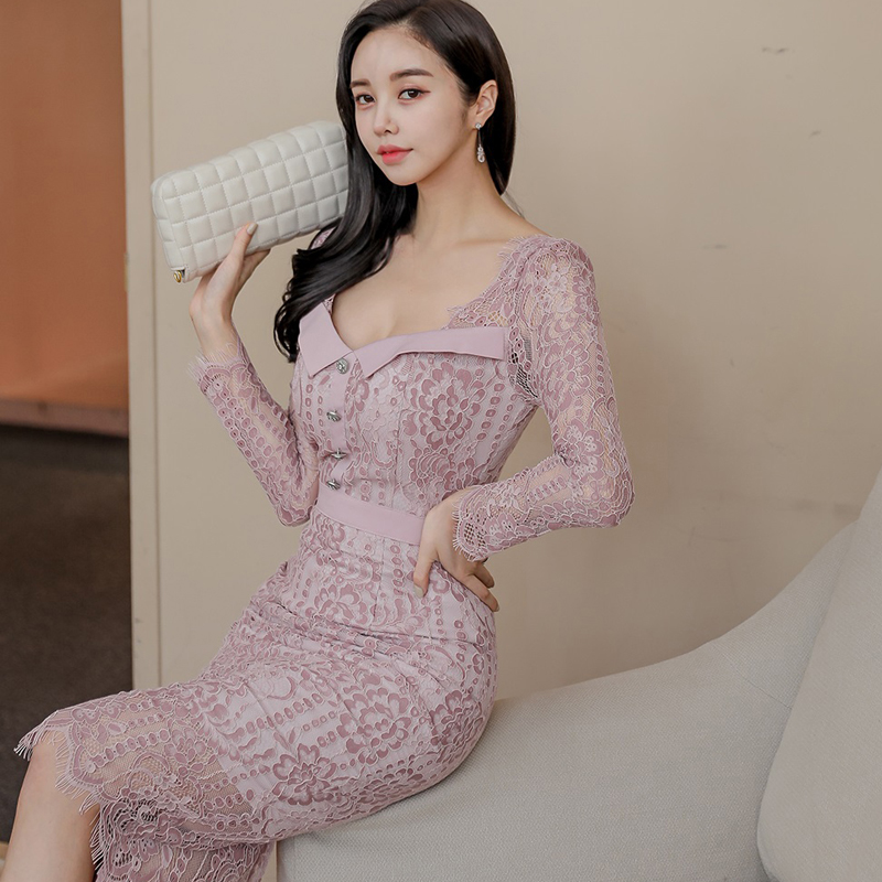 Korean style slim lace temperament winter dress