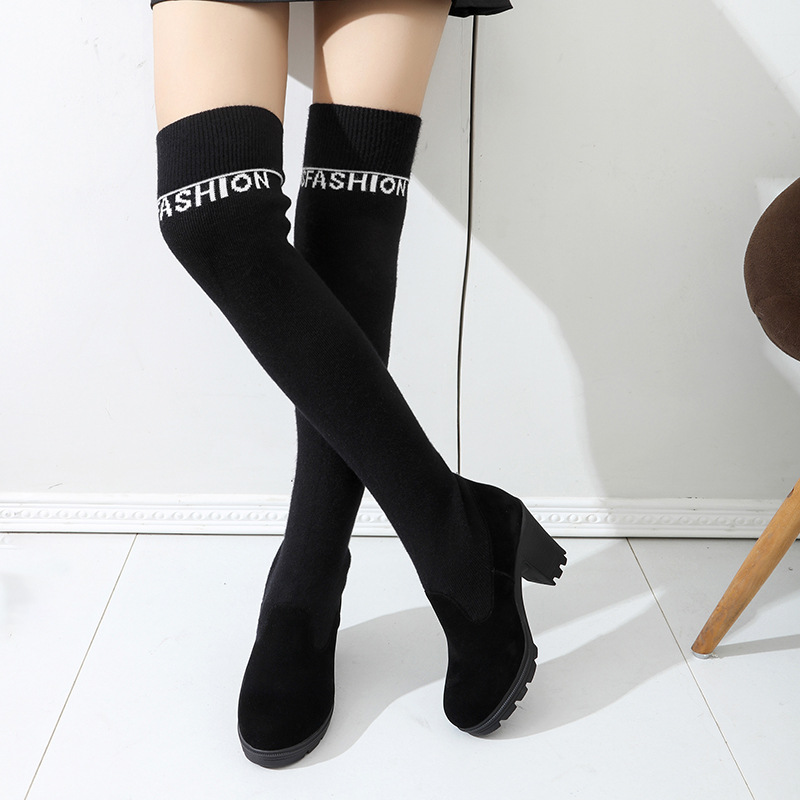 Thick high-heeled thigh boots elasticity women's boots