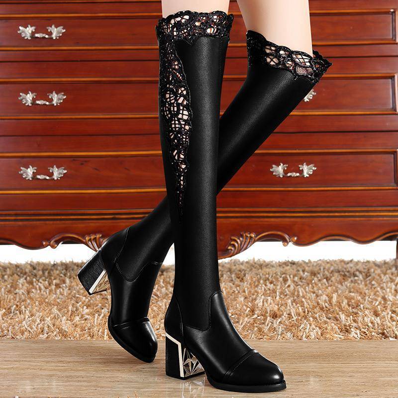 Lace slim boots cotton high-heeled thigh boots