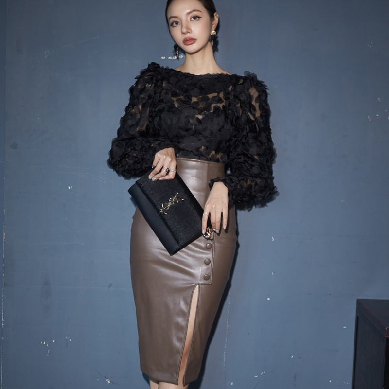 Korean style tops perspective leather skirt a set