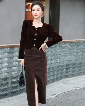 Square collar velvet skirt waves long sleeve coat