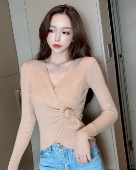 Short V-neck tops all-match knitted bottoming shirt for women