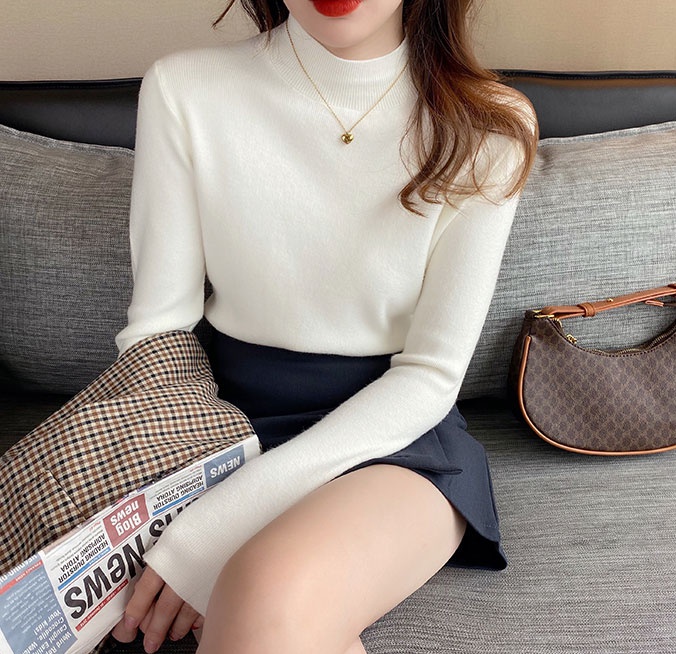 Long sleeve slim sweater half high collar tops for women