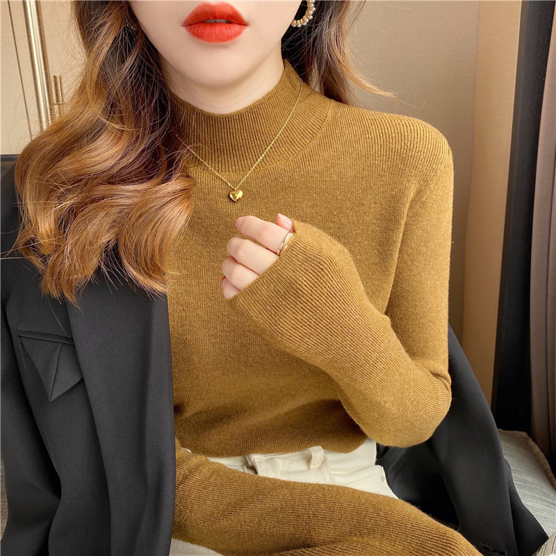 Long sleeve slim sweater half high collar tops for women