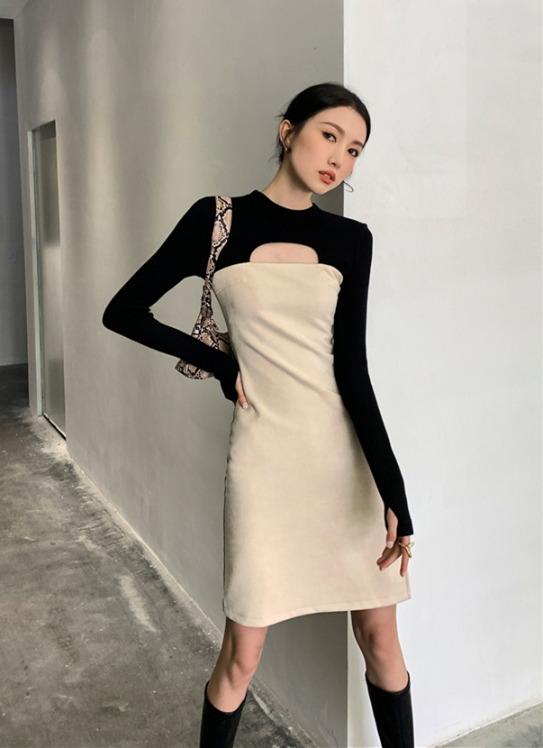 Splice suede mixed colors slim knitted tight dress