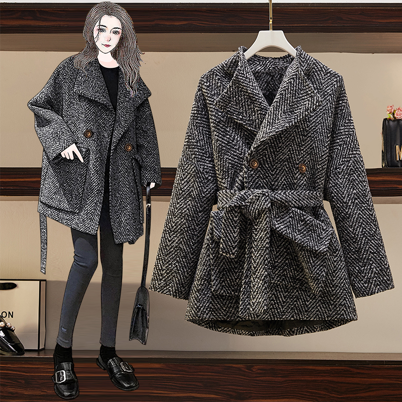 Plaid woolen coat fat sister overcoat for women