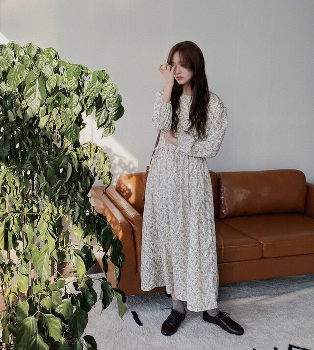 Ghost drawstring retro pinched waist floral long dress