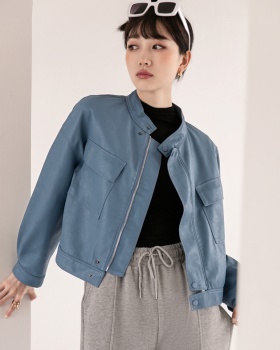 Cstand collar thick leather coat Korean style coat for women