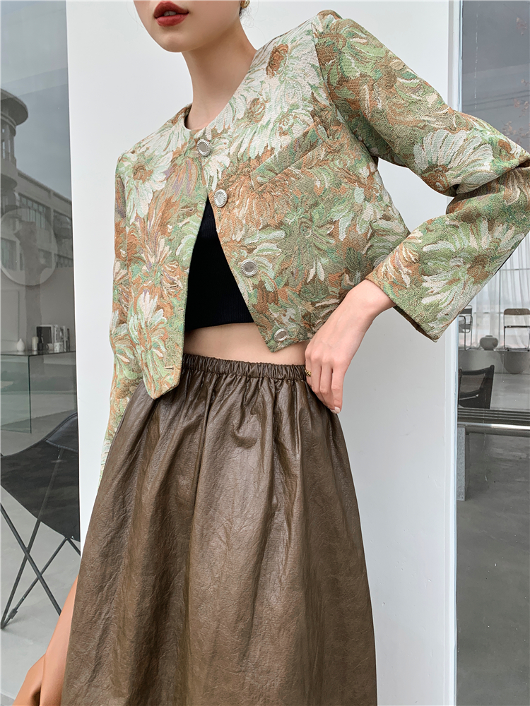 All-match jacquard painting skirt short long sleeve jacket 2pcs set