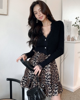 Autumn slim knitted skirt lace leopard tops 2pcs set