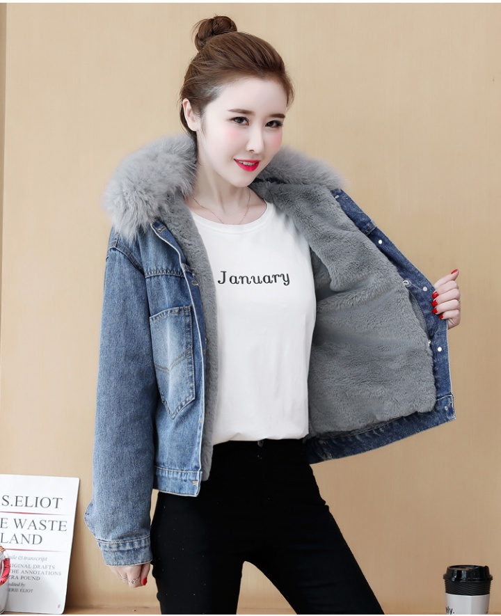 Denim coat large fur collar cotton coat for women