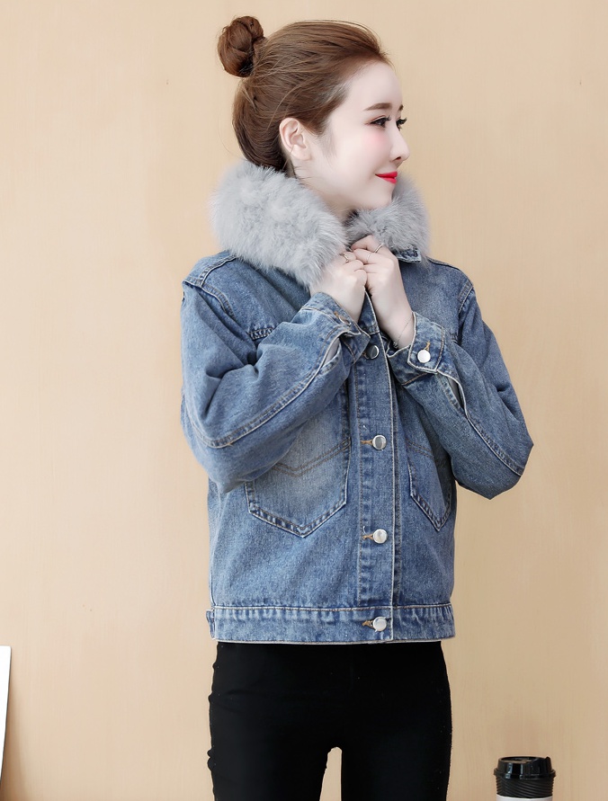 Liner plus velvet cotton coat thick denim coat for women