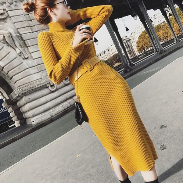 Slim long knitted dress high collar bottoming sweater