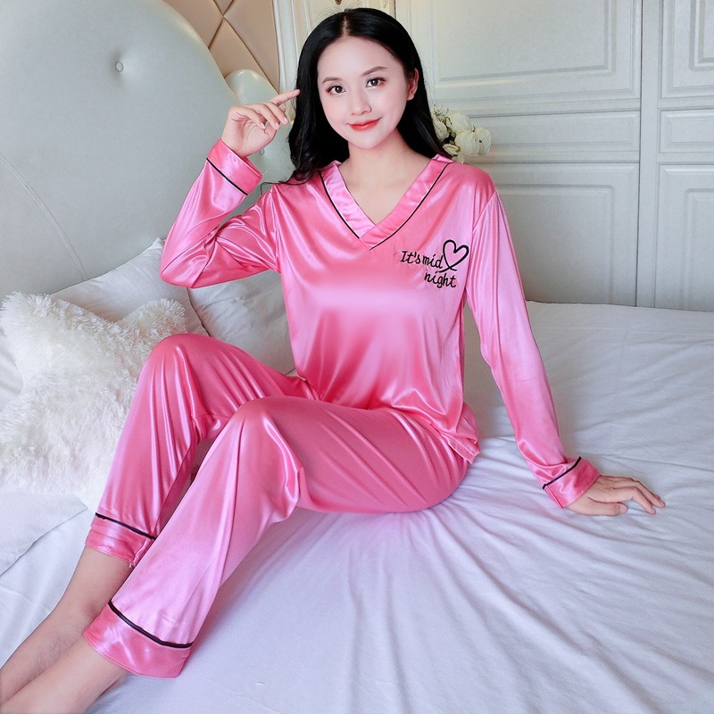 V-neck imitation silk at home thin pajamas a set for women