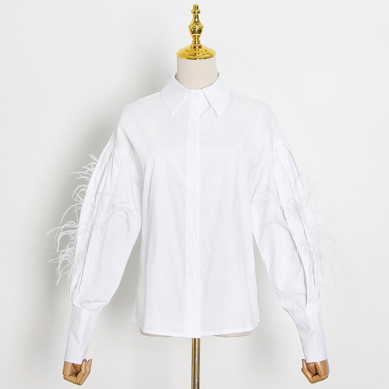 Lapel temperament tops single-breasted feather shirt