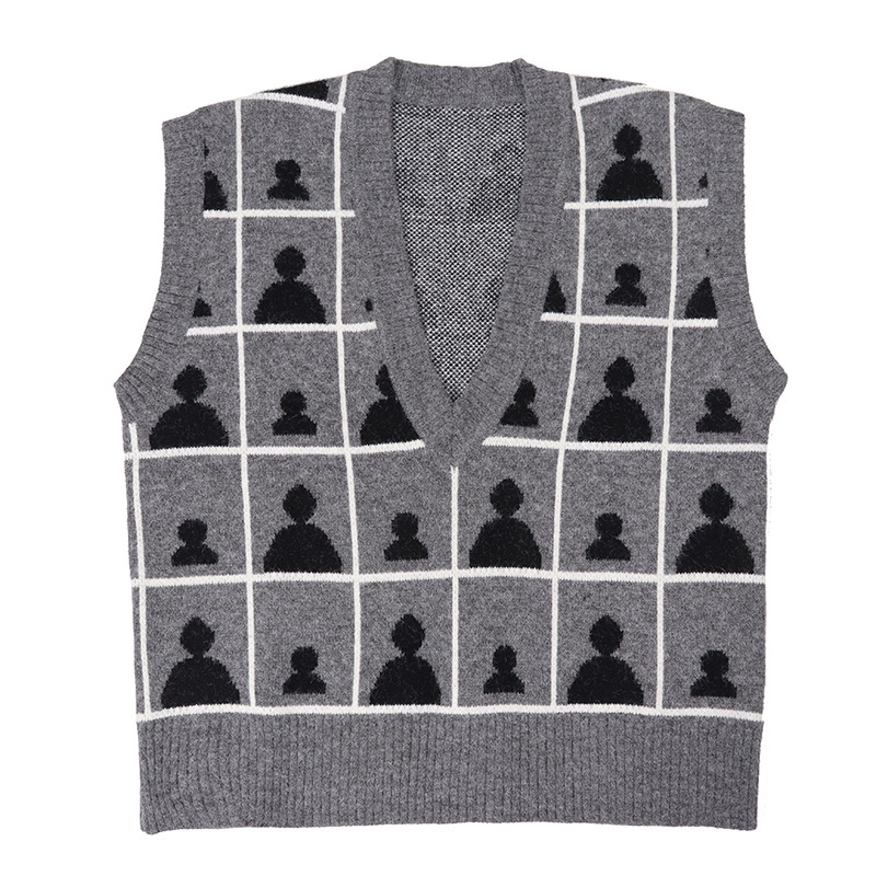 All-match V-neck knitted waistcoat jacquard short mixed colors vest