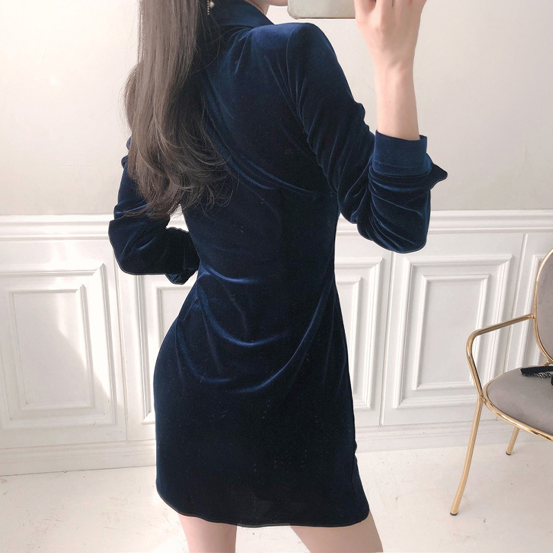 Korean style light elegant slim single-breasted velvet dress