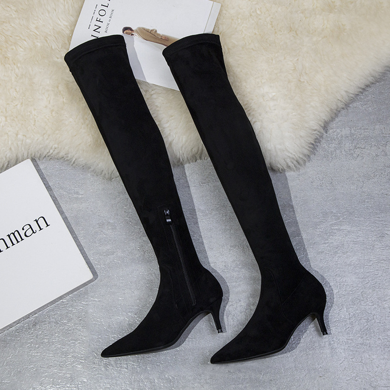 Pointed sexy thigh boots European style broadcloth stilettos