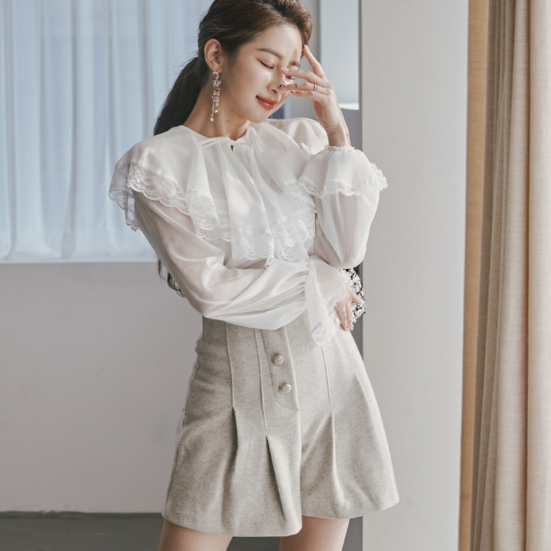 Lace sweet chiffon shirt Korean style shirt for women