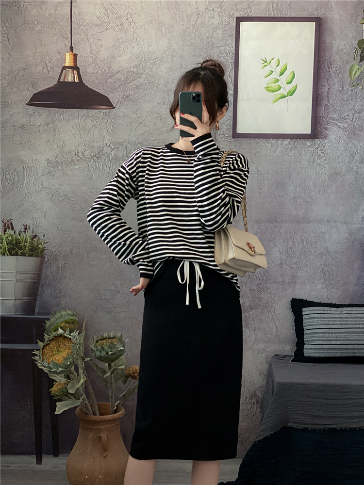 Knitted Casual tops stripe bottoming shirt a set