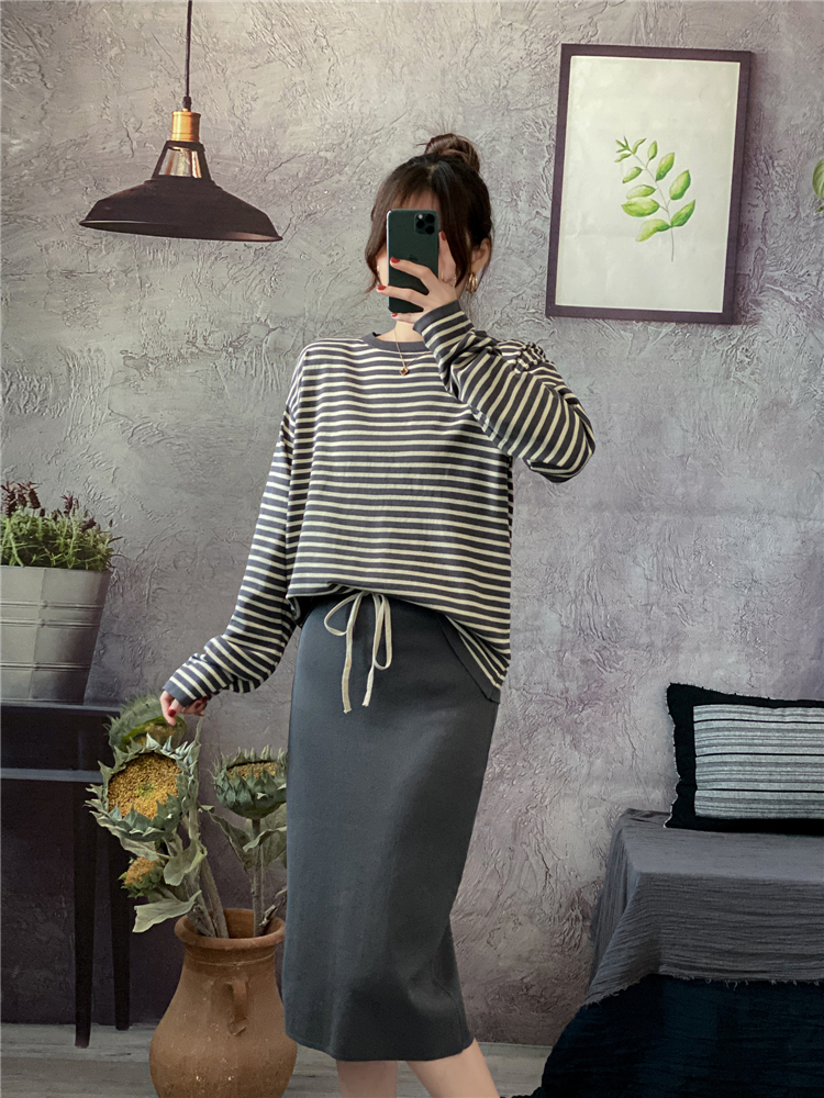 Knitted Casual tops stripe bottoming shirt a set
