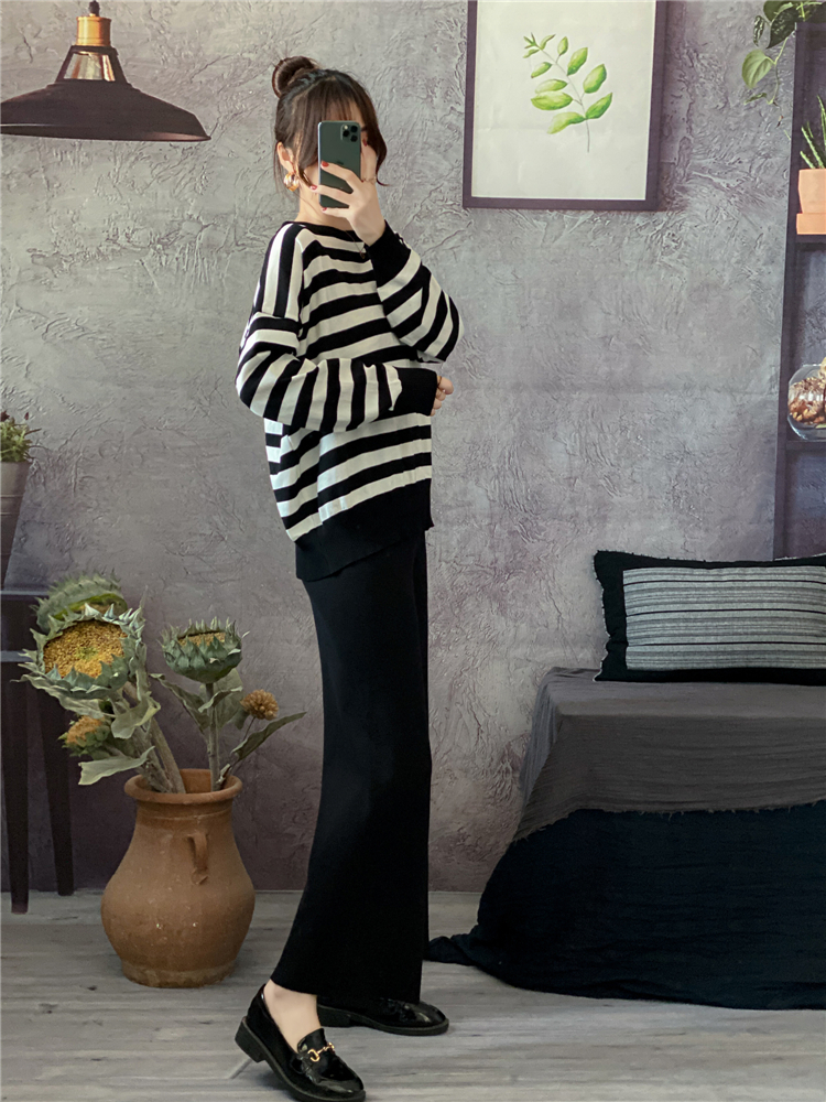 Stripe knitted tops slim simple long pants a set for women