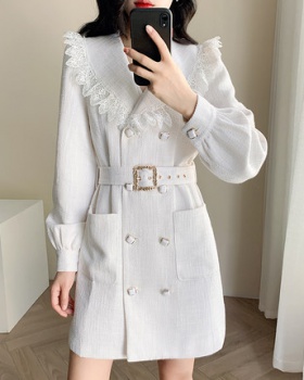 Autumn temperament double-breasted long sleeve white dress