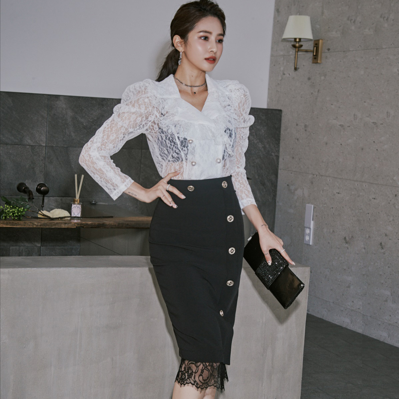 Double-breasted lace skirt splice tops a set