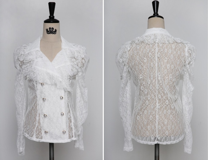 Double-breasted lace skirt splice tops a set