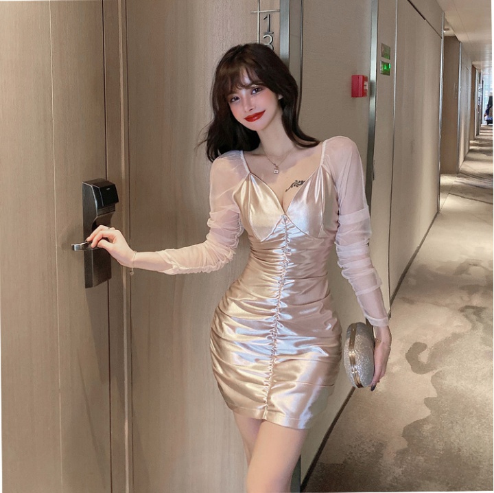 Gauze slim bottoming V-neck package hip sexy ladies dress