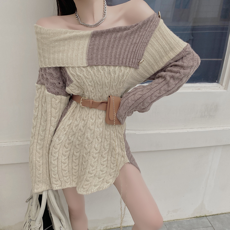 Long fashion waist-bag mixed colors sweater
