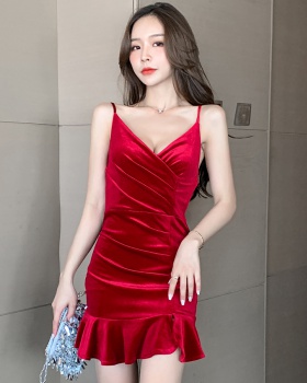 Bottoming night show package hip dress low-cut sling T-back