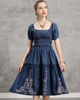 Square collar slim embroidery denim summer retro dress