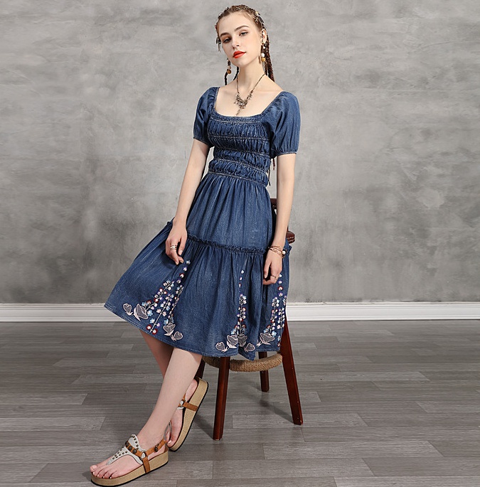 Square collar slim embroidery denim summer retro dress