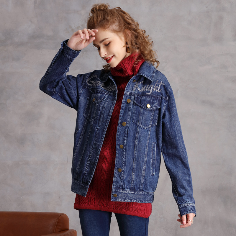 Casual loose retro coat long denim embroidery jacket for women