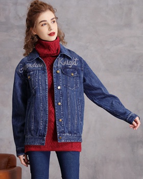 Casual loose retro coat long denim embroidery jacket for women