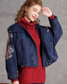 Retro Casual short tops embroidery denim winter coat for women