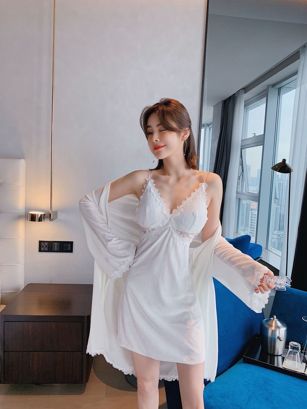 Sexy homewear hollow long sleeve nightgown 2pcs set