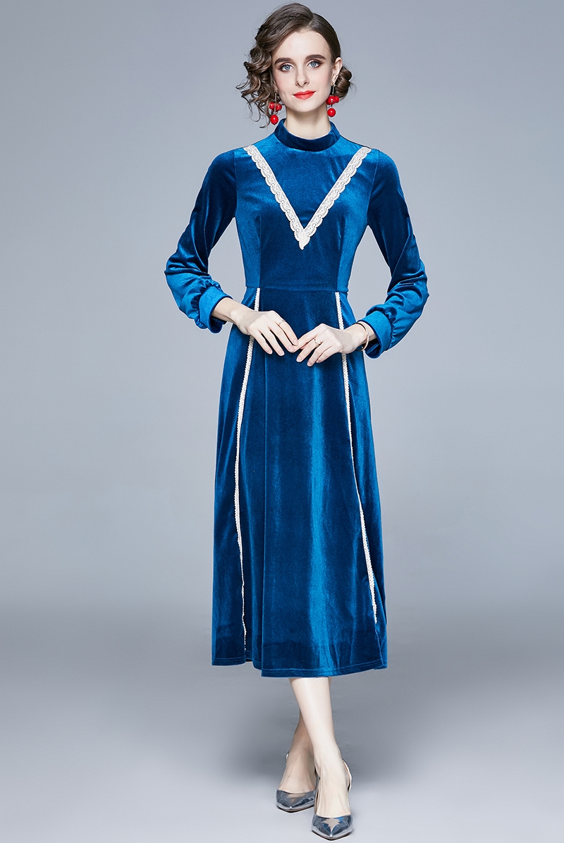Long sleeve temperament bottoming velvet retro dress