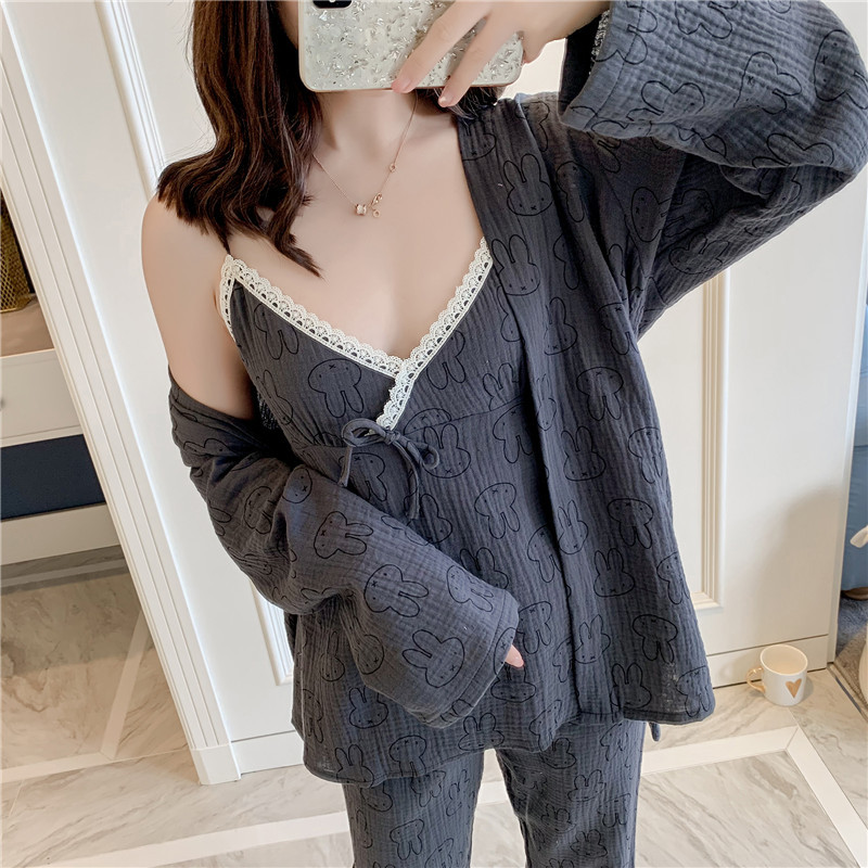 Long sleeve nightgown homewear pajamas 3pcs set for women