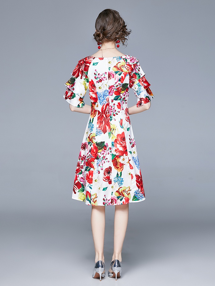 Multilayer V-neck pinched waist fashion printing dress