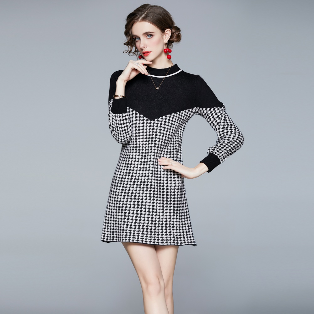 Splice knitted houndstooth fashion slim European style dress