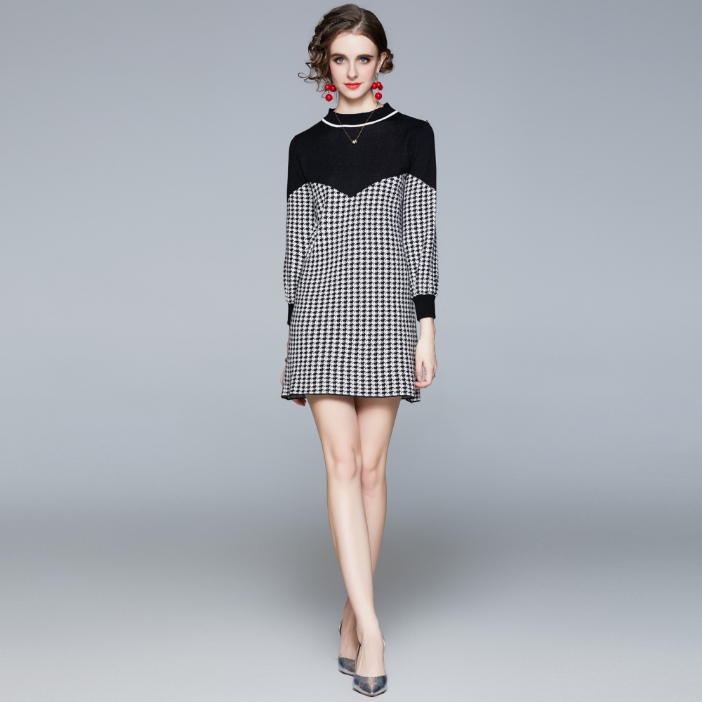 Splice knitted houndstooth fashion slim European style dress