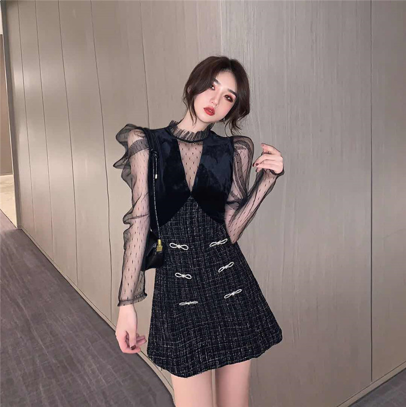 Autumn and winter splice dress puff sleeve T-back for women