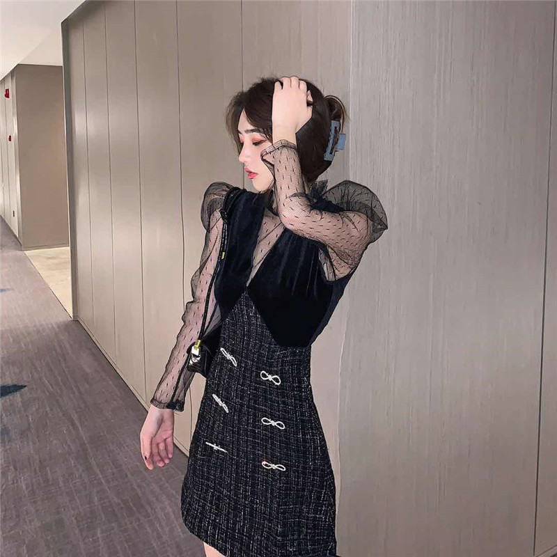 Autumn and winter splice dress puff sleeve T-back for women