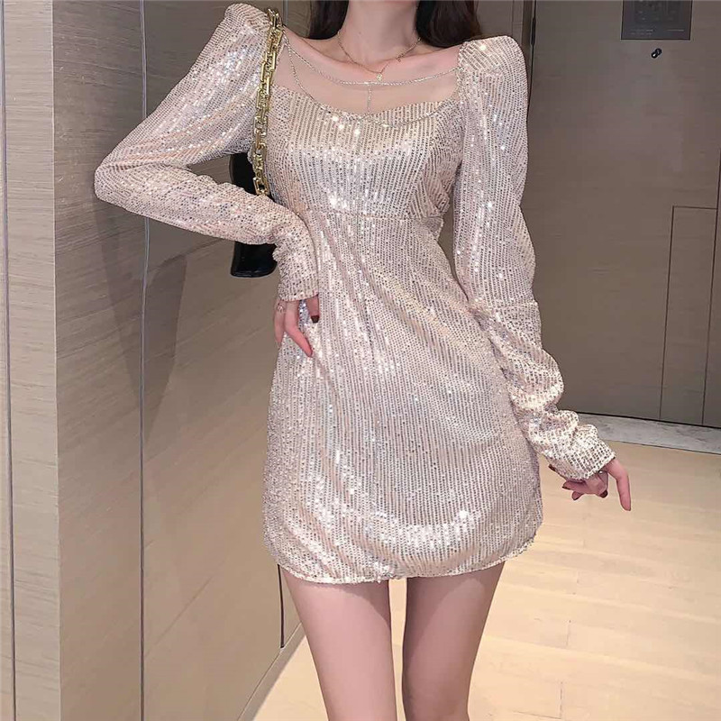 Slim sequins pinched waist dress ladies sexy T-back