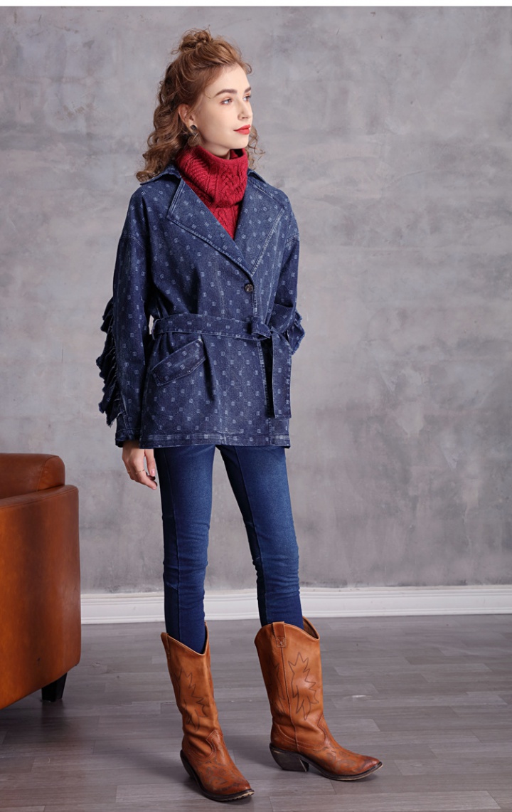 Retro loose short winter tops denim printing Casual coat